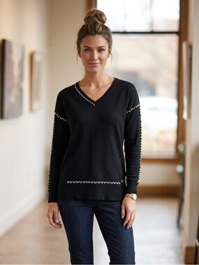 Black V-Neck Sweater with Neon Whip Stitch Trim | 100% Cotton | Sz S